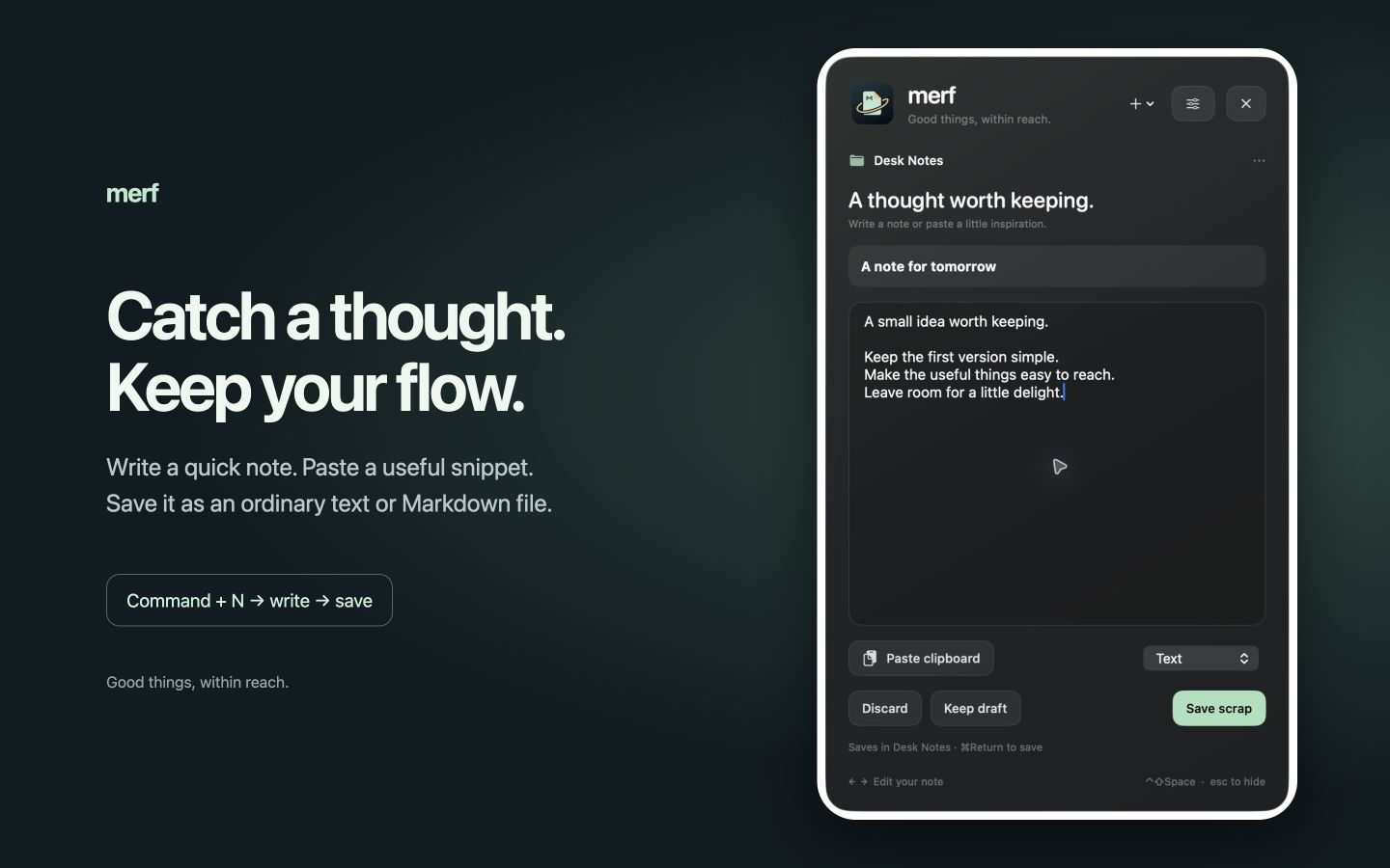 Merf’s note editor with a title and a short text note